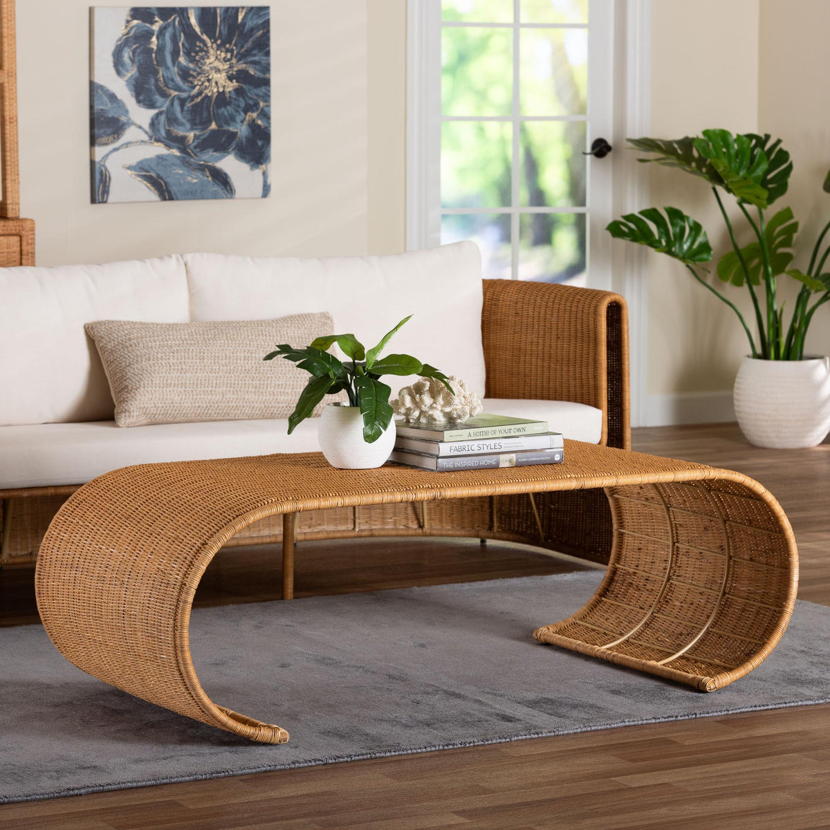 Palm Waterfall Natural Rattan Coffee Table - Handwoven Wicker Centerpiece with Curved Silhouette for Boho, Coastal, or Tropical Living Room and Lounge Area