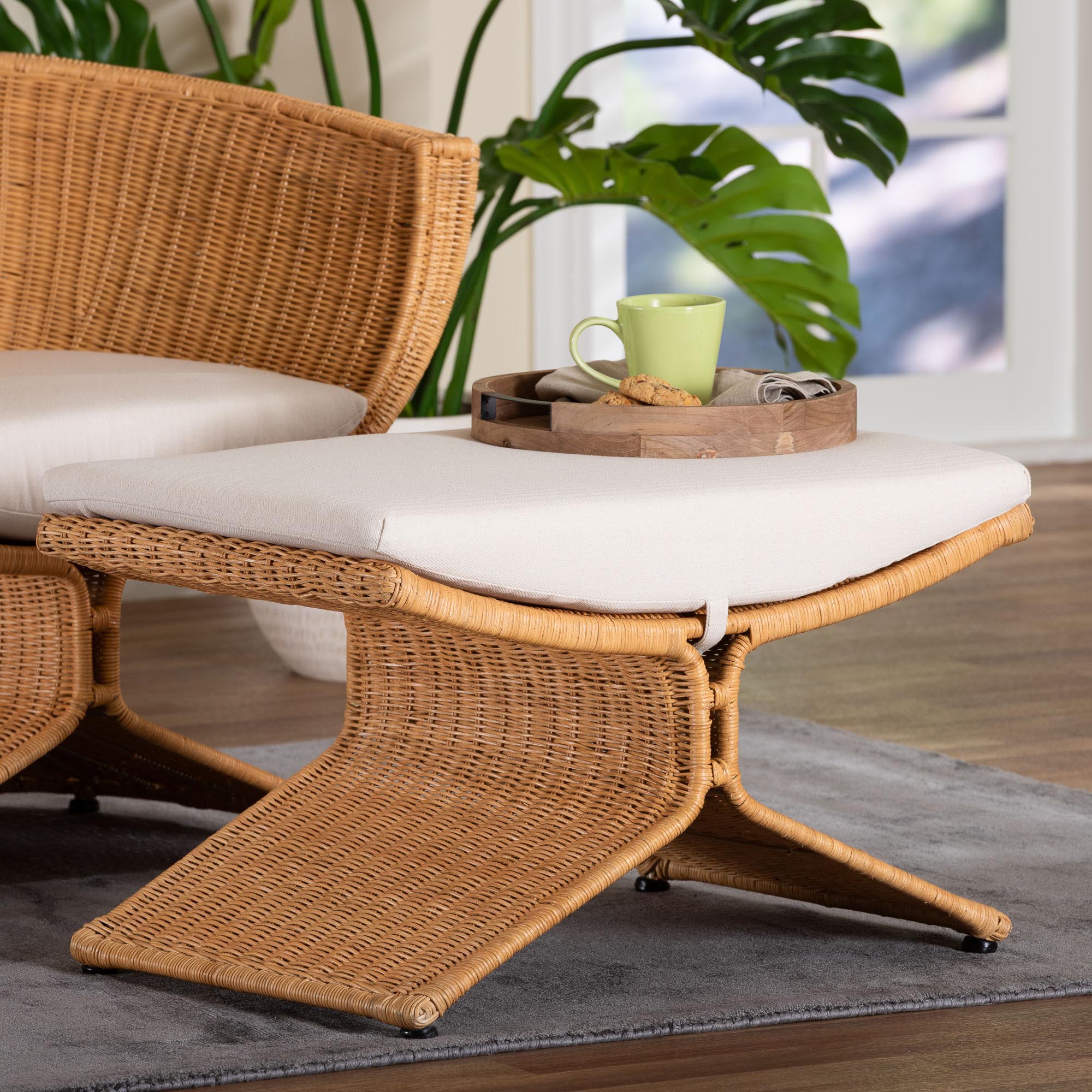 Reya Natural Rattan Footstool - Sculptural Handwoven Ottoman with Pedestal Base for Boho, Coastal, or Tropical Lounge and Living Spaces