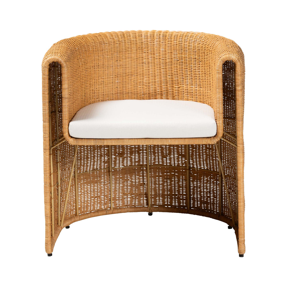 Carina Natural Rattan Barrel Dining Chair - Handwoven Wicker Accent Chair with Curved Backrest and Removable Cushion, Coastal Boho Kitchen or Dining Room Seating