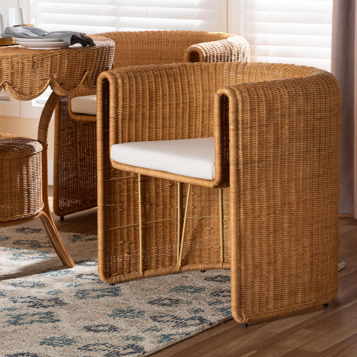 Carina Natural Rattan Barrel Dining Chair - Handwoven Wicker Accent Chair with Curved Backrest and Removable Cushion, Coastal Boho Kitchen or Dining Room Seating