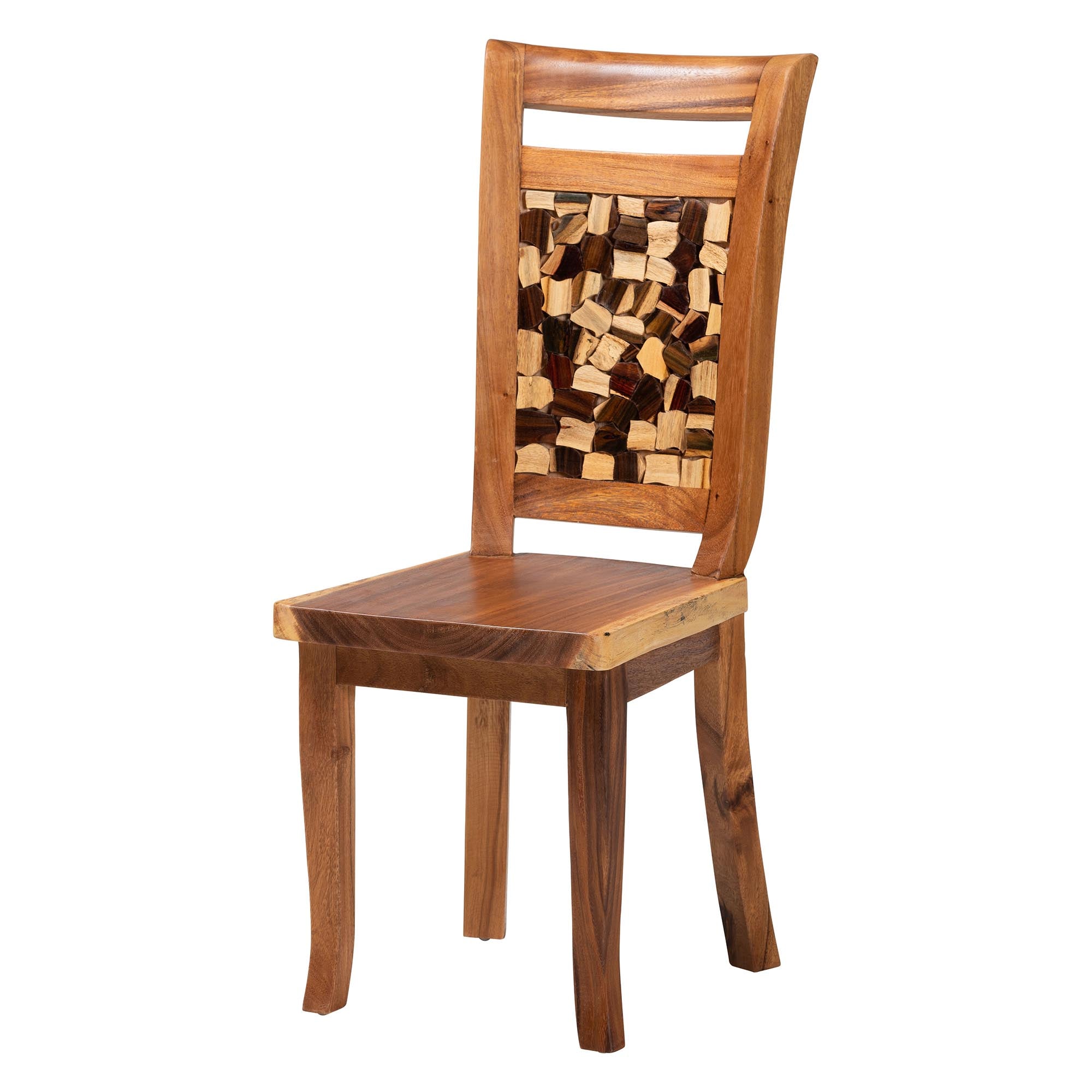 bali & pari Luan Suar Wood Dining Chair - Handcrafted Solid Wood Seat with Mosaic Backrest Inlay, Rustic Modern Accent Chair for Kitchen or Dining Room