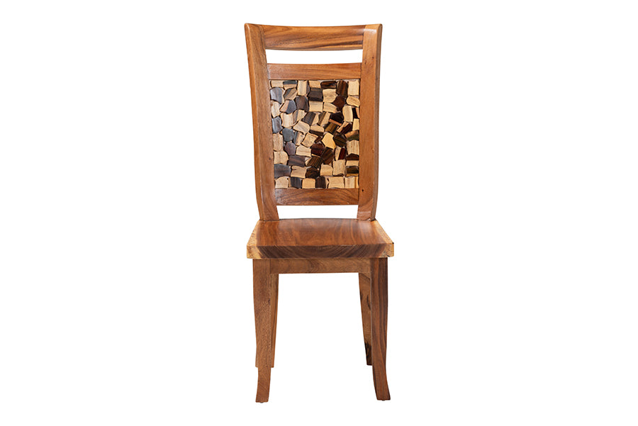 bali & pari Luan Suar Wood Dining Chair - Handcrafted Solid Wood Seat with Mosaic Backrest Inlay, Rustic Modern Accent Chair for Kitchen or Dining Room