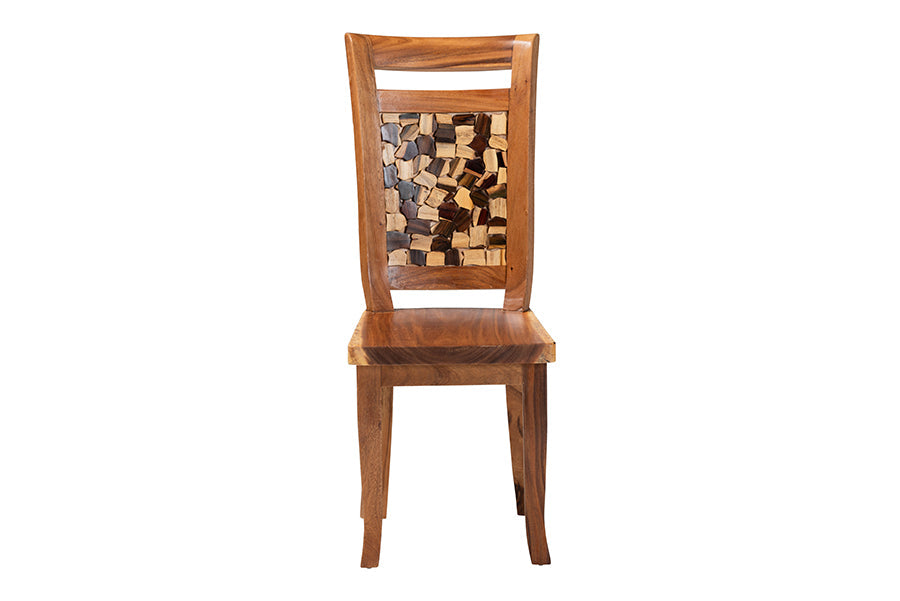 bali & pari Luan Suar Wood Dining Chair - Handcrafted Solid Wood Seat with Mosaic Backrest Inlay, Rustic Modern Accent Chair for Kitchen or Dining Room