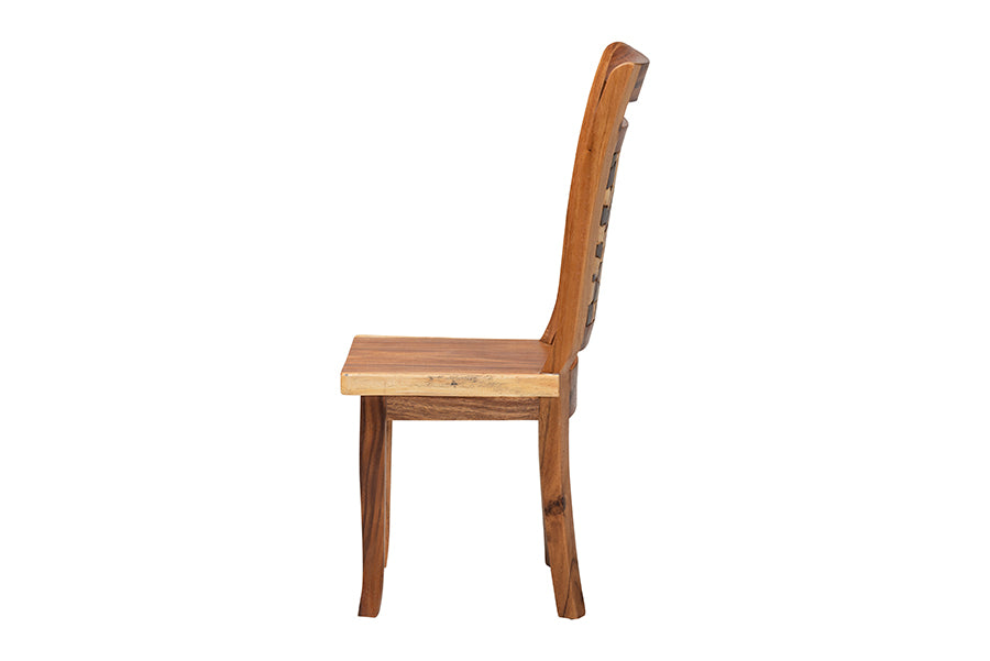 bali & pari Luan Suar Wood Dining Chair - Handcrafted Solid Wood Seat with Mosaic Backrest Inlay, Rustic Modern Accent Chair for Kitchen or Dining Room