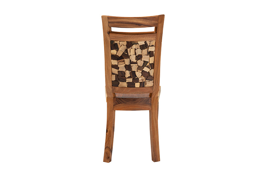 bali & pari Luan Suar Wood Dining Chair - Handcrafted Solid Wood Seat with Mosaic Backrest Inlay, Rustic Modern Accent Chair for Kitchen or Dining Room