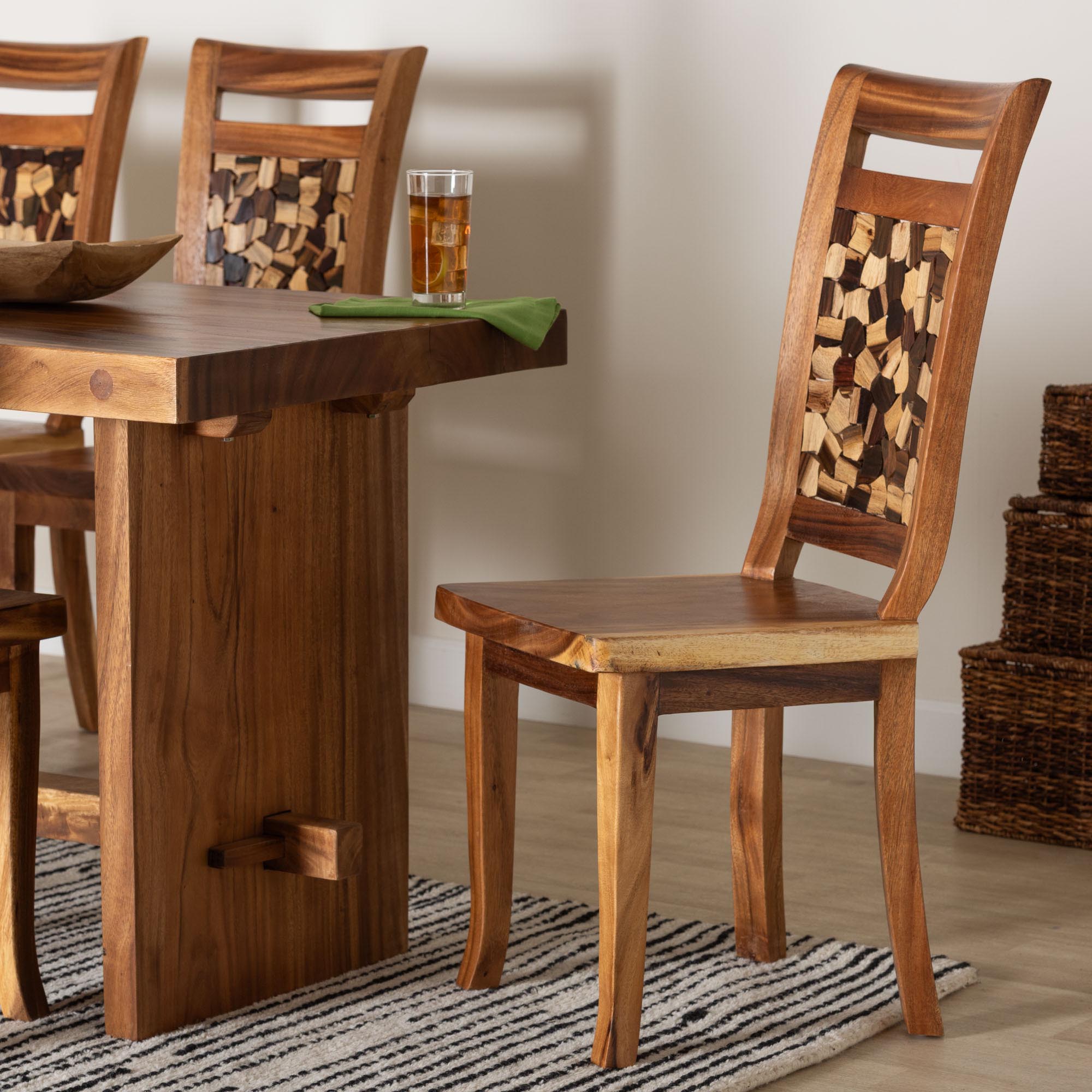bali & pari Luan Suar Wood Dining Chair - Handcrafted Solid Wood Seat with Mosaic Backrest Inlay, Rustic Modern Accent Chair for Kitchen or Dining Room