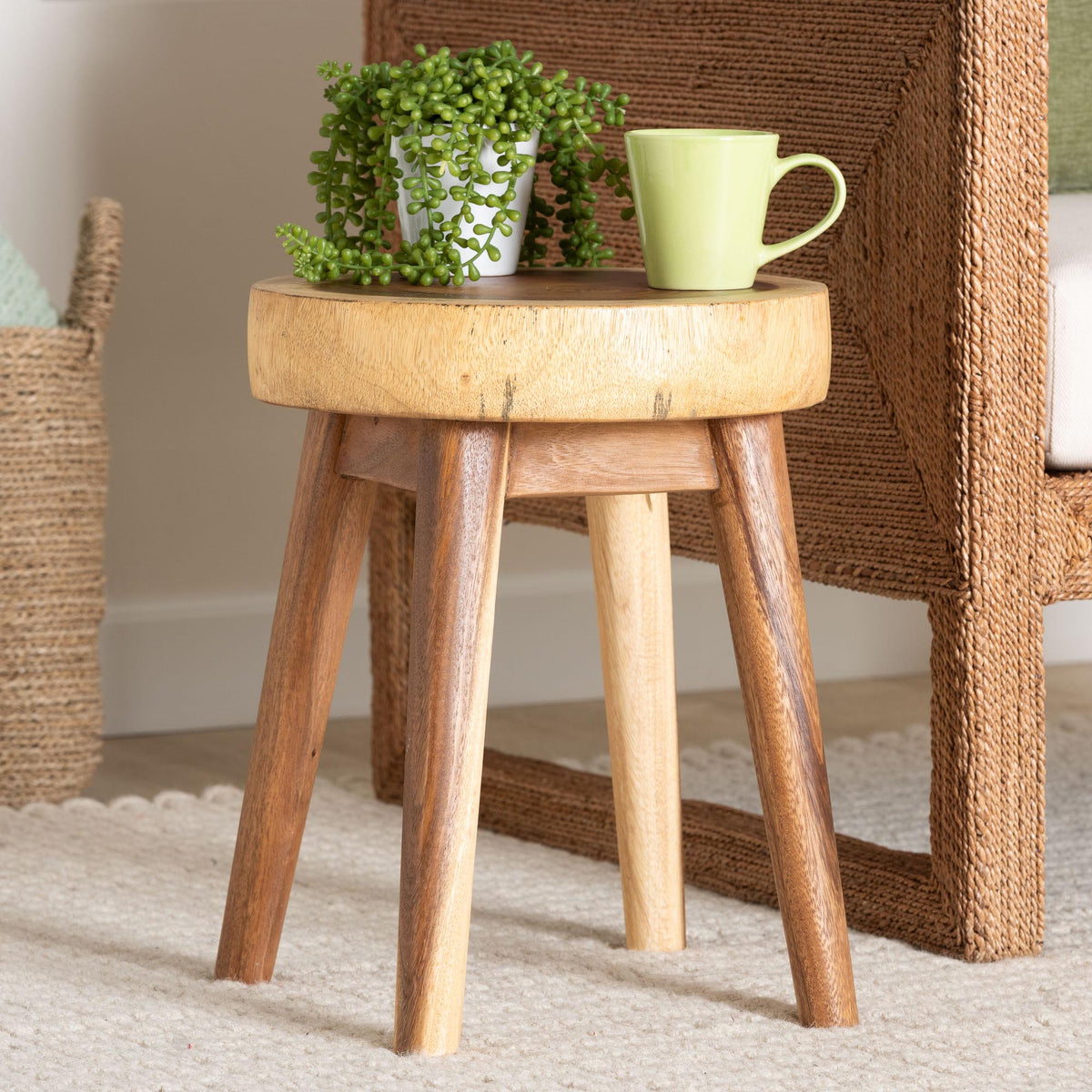Jia Suar Wood End Table - Handcrafted Side Table with Live Edge Round Top and Tapered Legs, Rustic Boho Accent Furniture for Living Room, Bedroom, or Patio