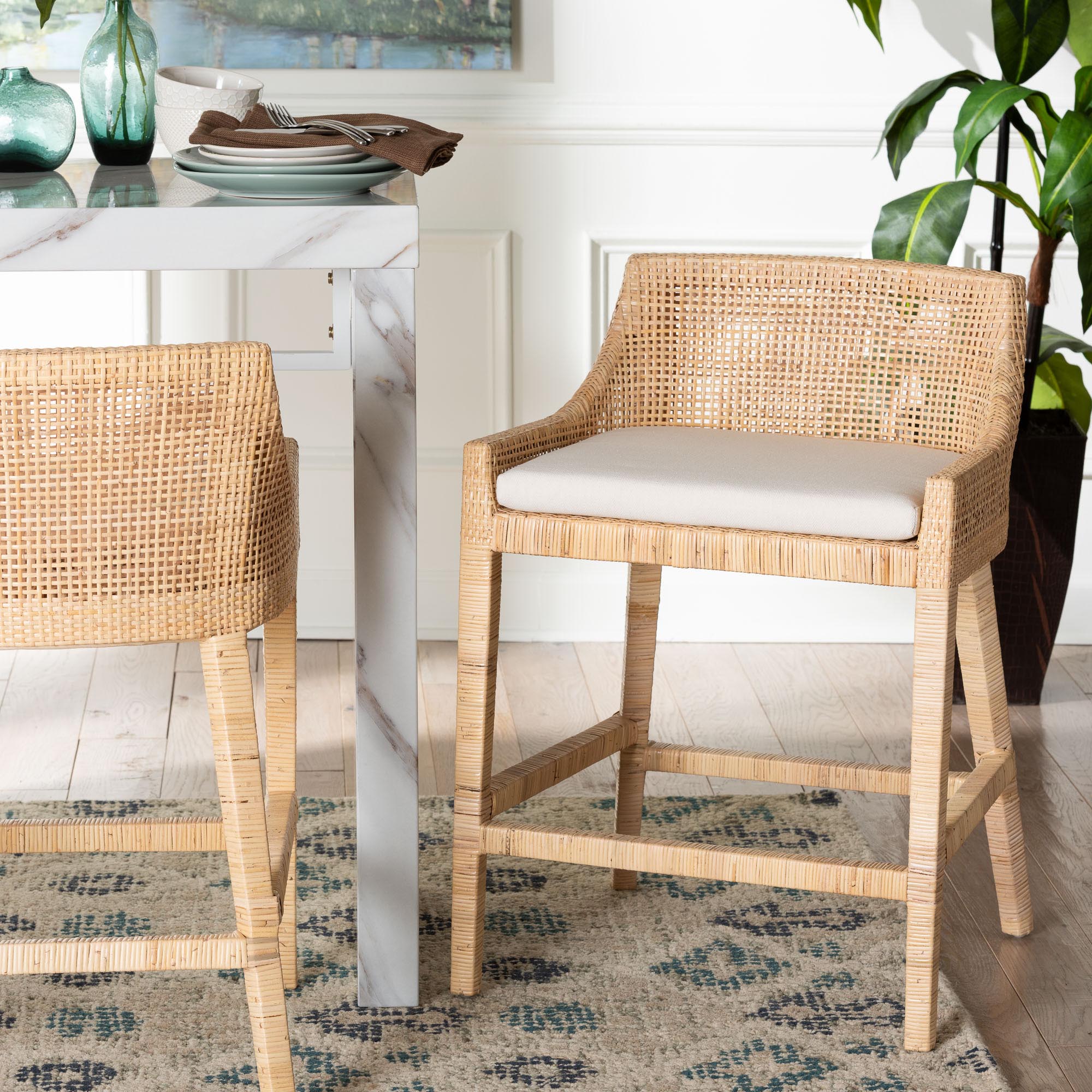 bali & pari Beata Natural Rattan Counter Stool - Handcrafted Wingback Counter Chair with Woven Detailing and Removable Cushion, Coastal Boho Style Seating for Kitchen Island or Dining Area