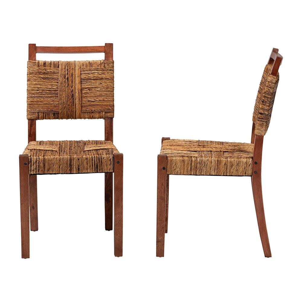 Chabela Handwoven Seagrass Dining Chair Set of 2- Solid Mango Wood Frame with Woven Seat and Backrest, Rustic Boho Style Kitchen or Dining Room Seating, Brown