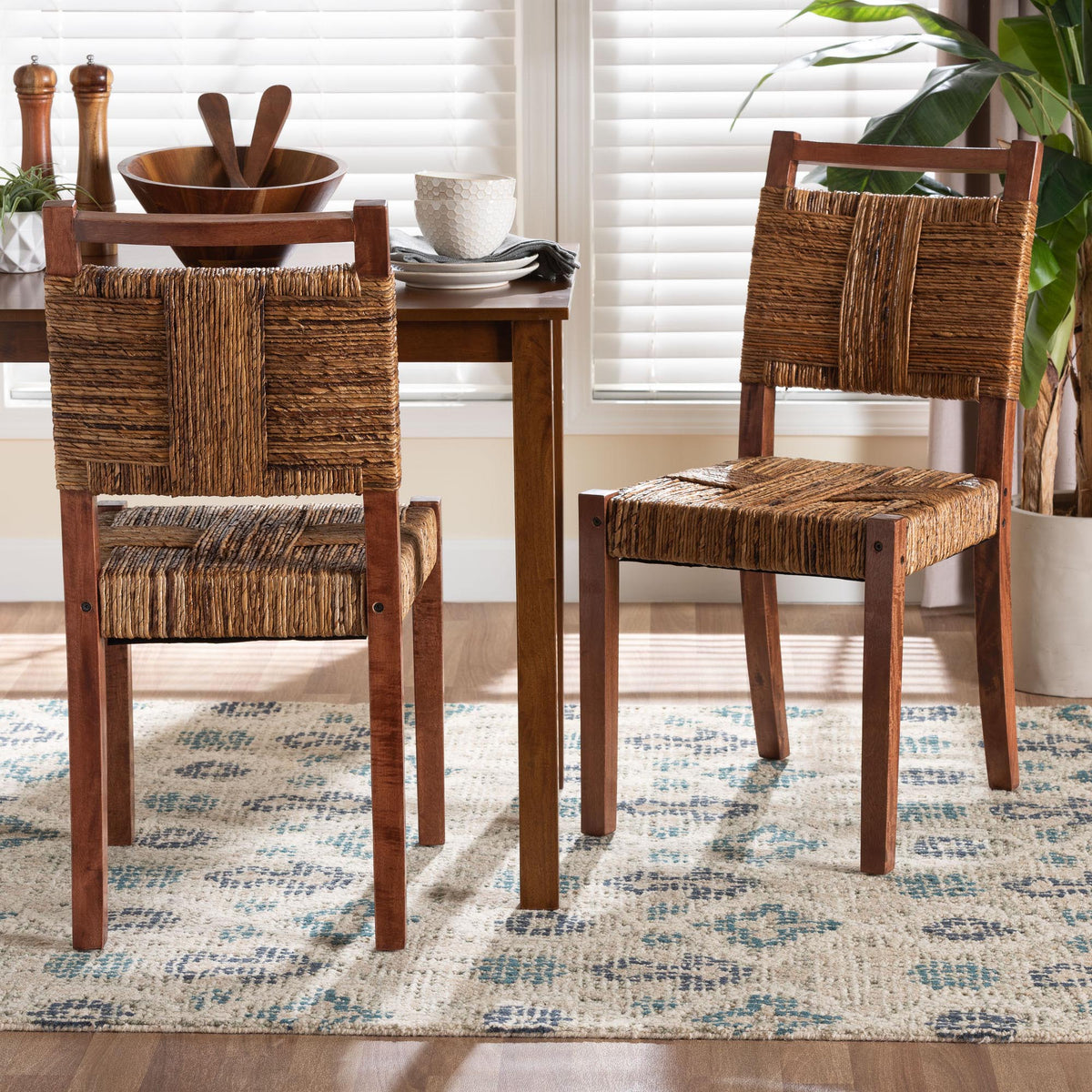 Chabela Handwoven Seagrass Dining Chair Set of 2- Solid Mango Wood Frame with Woven Seat and Backrest, Rustic Boho Style Kitchen or Dining Room Seating, Brown