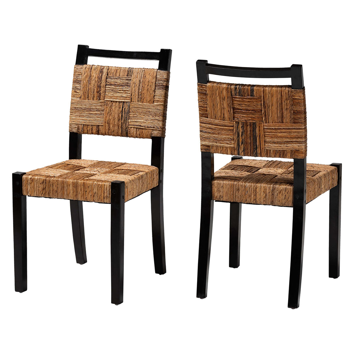 Raniya Handwoven Seagrass Dining Chair Set of 2- Solid Mango Wood Frame with Woven Seat and Backrest, Rustic Boho Style Kitchen or Dining Room Seating, Black
