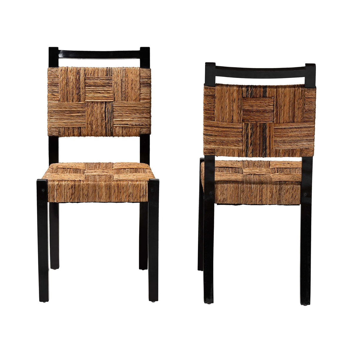 Raniya Handwoven Seagrass Dining Chair Set of 2- Solid Mango Wood Frame with Woven Seat and Backrest, Rustic Boho Style Kitchen or Dining Room Seating, Black
