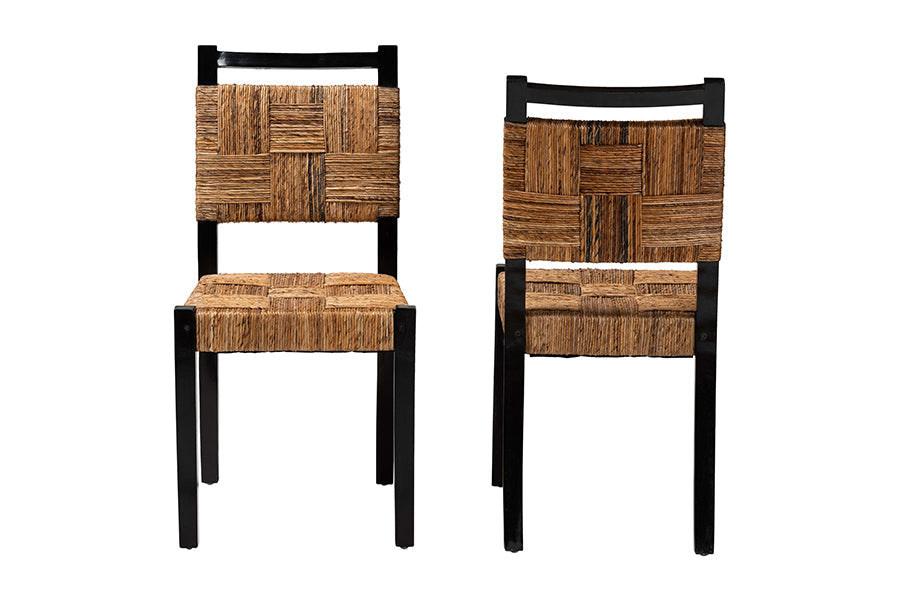 Raniya Handwoven Seagrass Dining Chair Set of 2- Solid Mango Wood Frame with Woven Seat and Backrest, Rustic Boho Style Kitchen or Dining Room Seating, Black