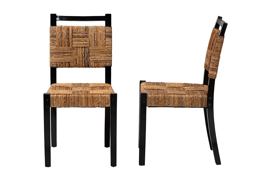 Raniya Handwoven Seagrass Dining Chair Set of 2- Solid Mango Wood Frame with Woven Seat and Backrest, Rustic Boho Style Kitchen or Dining Room Seating, Black