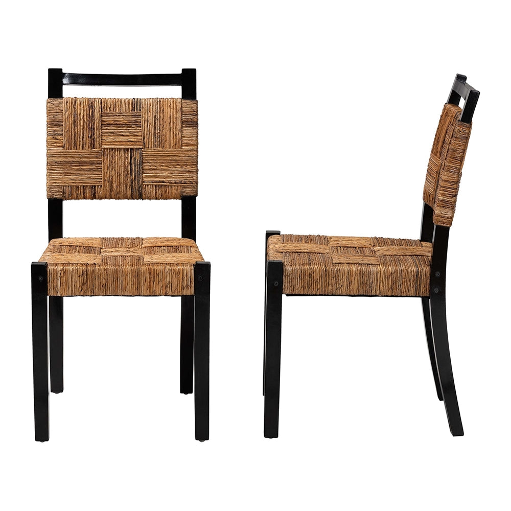 Raniya Handwoven Seagrass Dining Chair Set of 2- Solid Mango Wood Frame with Woven Seat and Backrest, Rustic Boho Style Kitchen or Dining Room Seating, Black