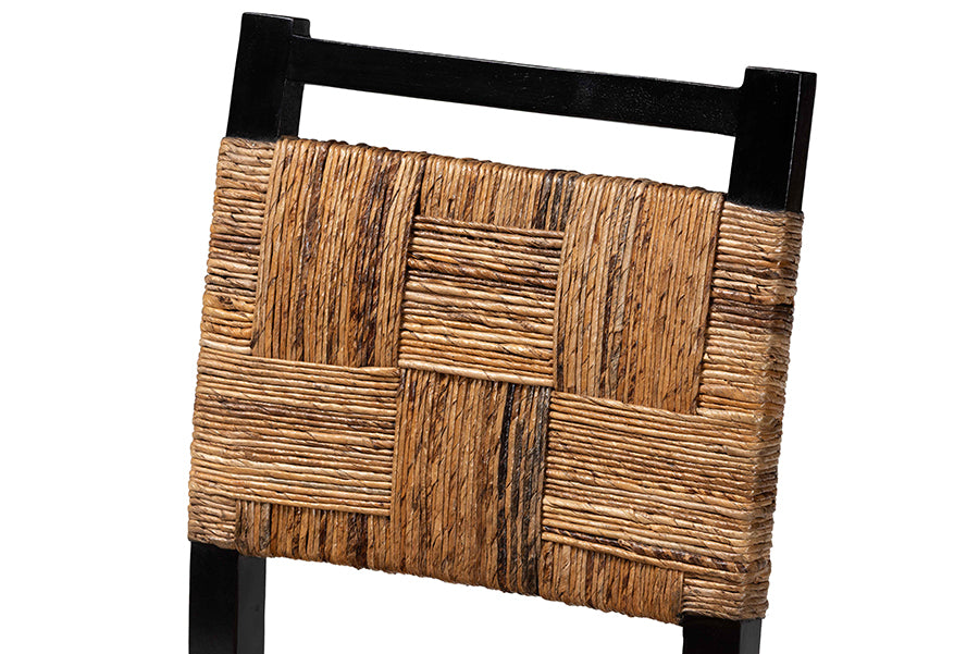 Raniya Handwoven Seagrass Dining Chair Set of 2- Solid Mango Wood Frame with Woven Seat and Backrest, Rustic Boho Style Kitchen or Dining Room Seating, Black