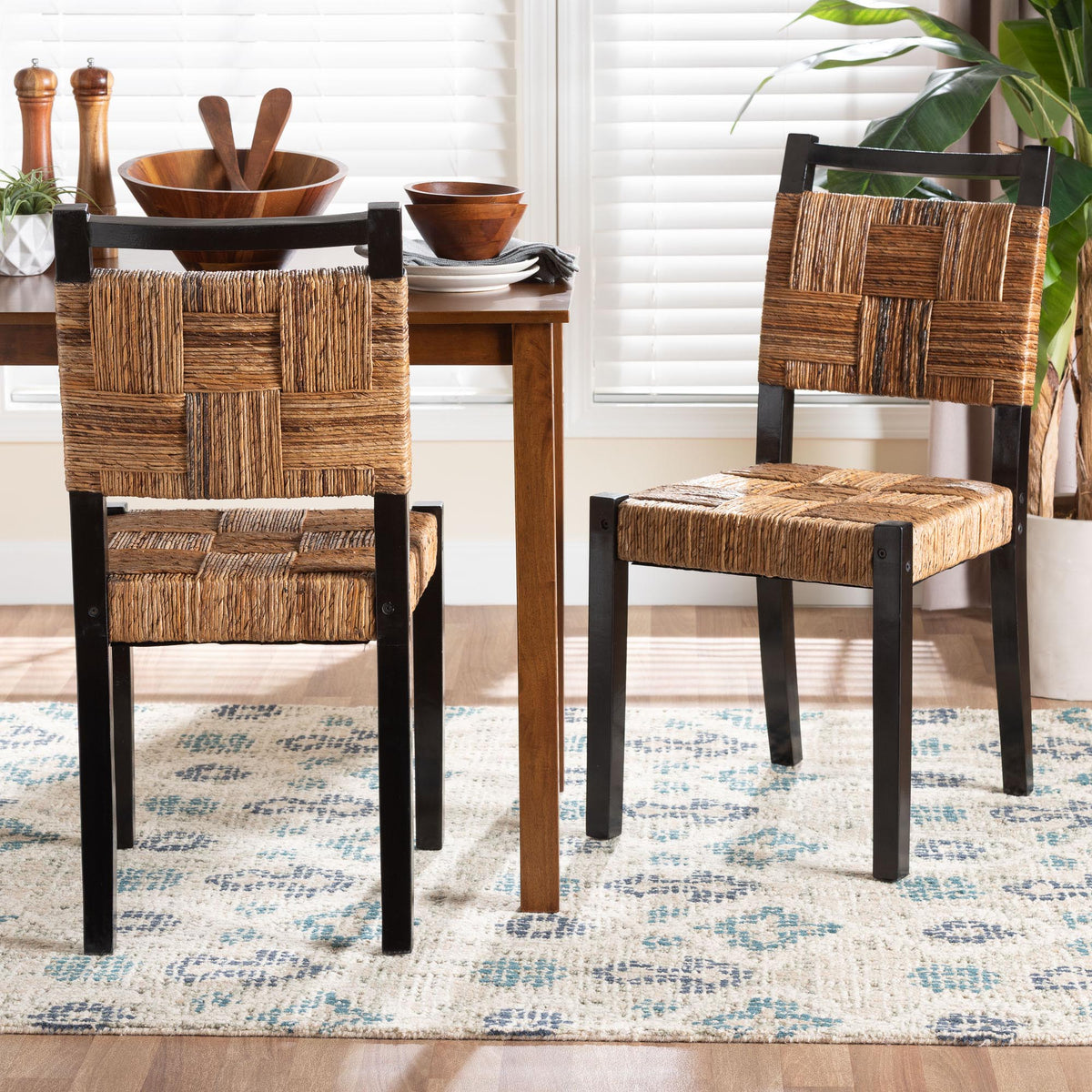 Raniya Handwoven Seagrass Dining Chair Set of 2- Solid Mango Wood Frame with Woven Seat and Backrest, Rustic Boho Style Kitchen or Dining Room Seating, Black