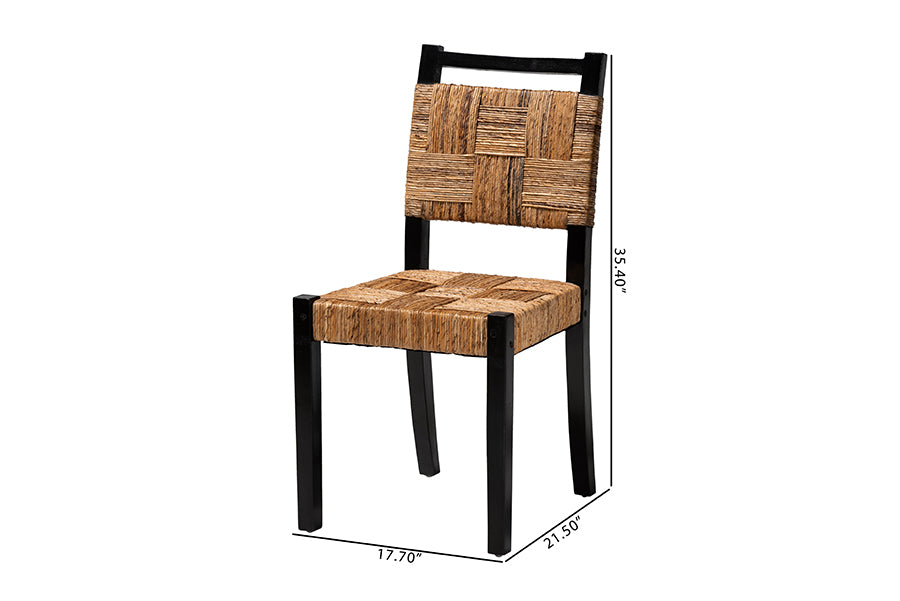 Raniya Handwoven Seagrass Dining Chair Set of 2- Solid Mango Wood Frame with Woven Seat and Backrest, Rustic Boho Style Kitchen or Dining Room Seating, Black