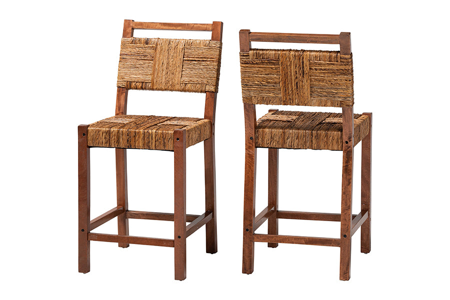Chabela Seagrass Counter Stool Set of 2 - Solid Mango Wood Frame with Woven Seat and Backrest, Rustic Boho Style Dining or Kitchen Island Seating, Brown