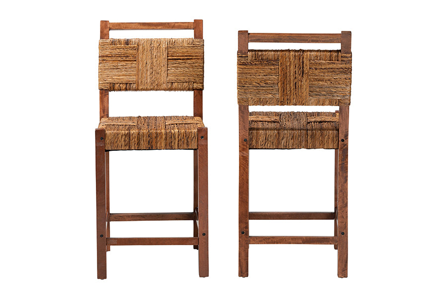 Chabela Seagrass Counter Stool Set of 2 - Solid Mango Wood Frame with Woven Seat and Backrest, Rustic Boho Style Dining or Kitchen Island Seating, Brown