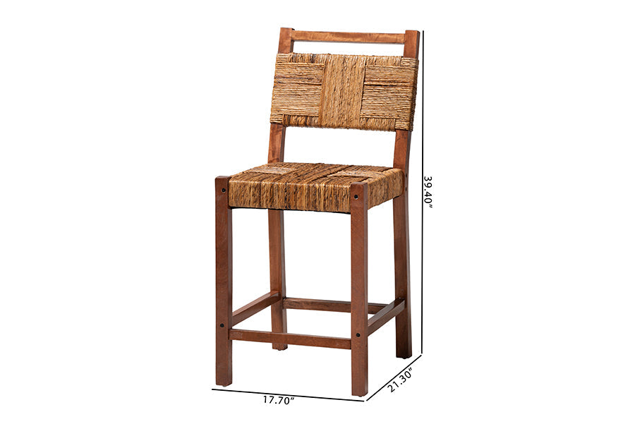 Chabela Seagrass Counter Stool Set of 2 - Solid Mango Wood Frame with Woven Seat and Backrest, Rustic Boho Style Dining or Kitchen Island Seating, Brown