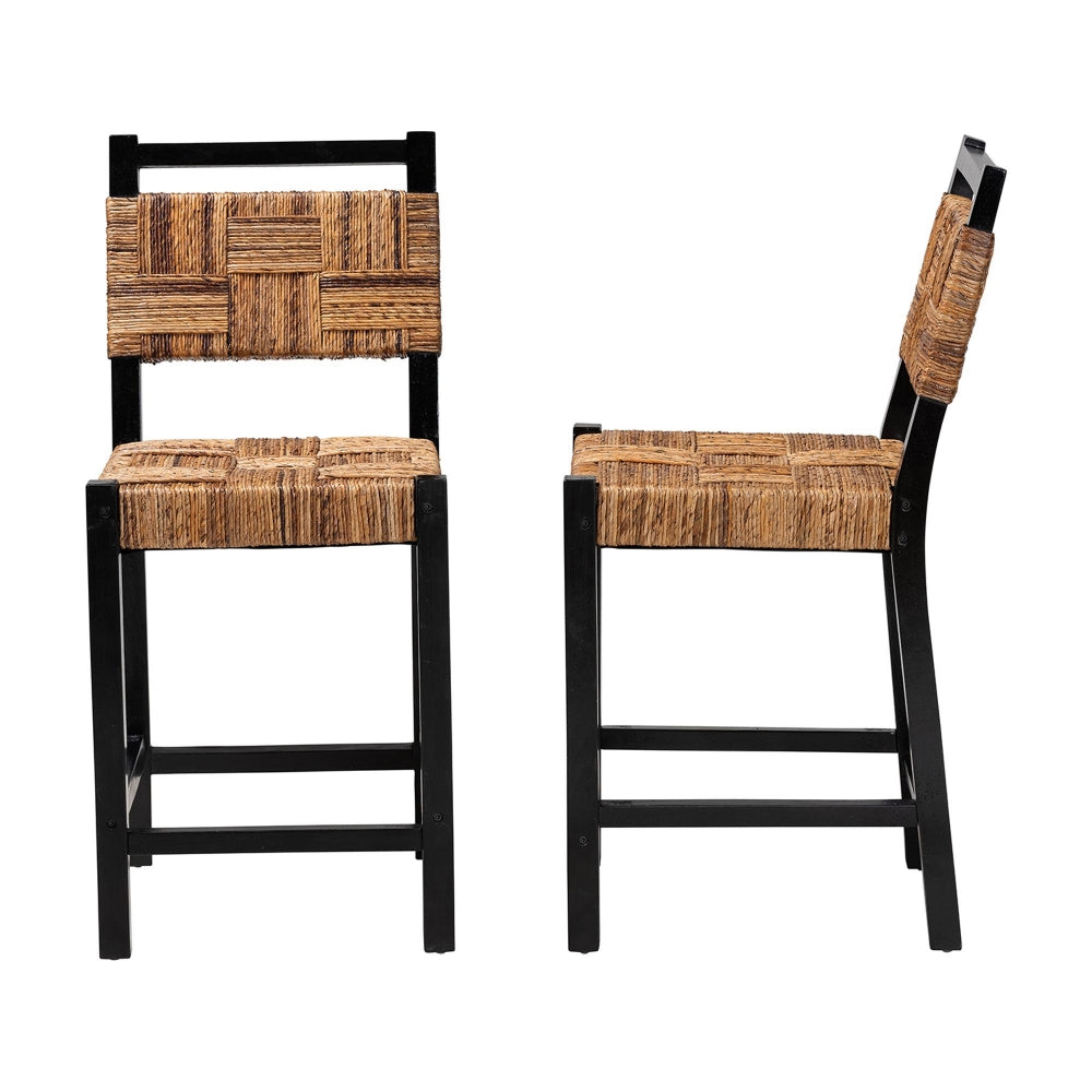 Raniya Seagrass Counter Stool Set of 2 - Solid Mango Wood Frame with Woven Seat and Backrest, Rustic Boho Style Dining or Kitchen Island Seating, Black