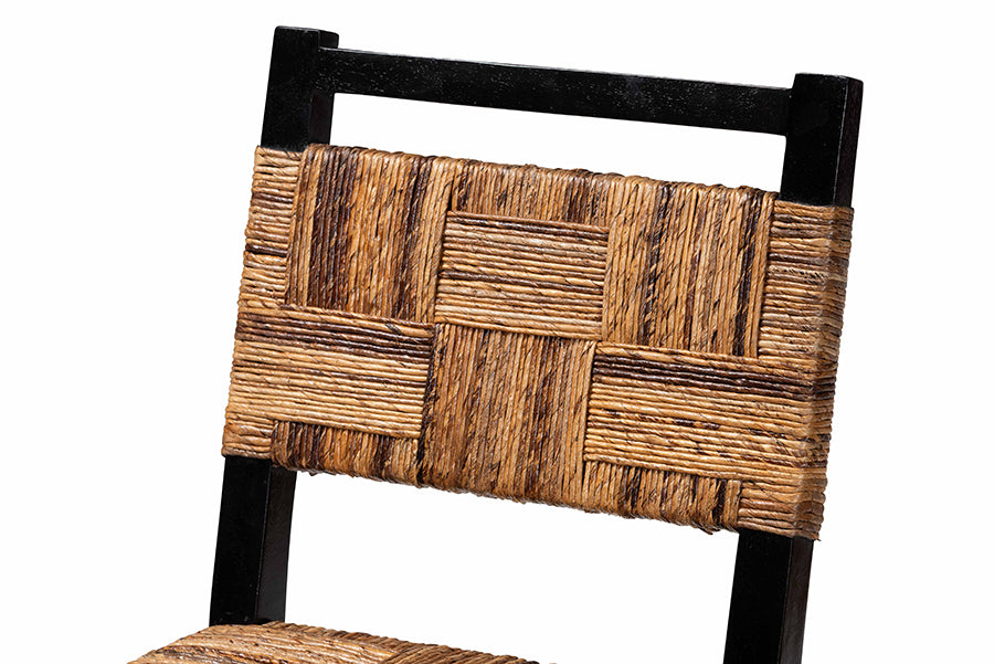 Raniya Seagrass Counter Stool Set of 2 - Solid Mango Wood Frame with Woven Seat and Backrest, Rustic Boho Style Dining or Kitchen Island Seating, Black