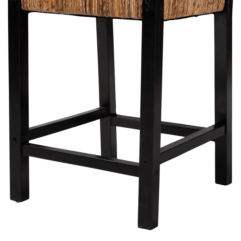 Raniya Seagrass Counter Stool Set of 2 - Solid Mango Wood Frame with Woven Seat and Backrest, Rustic Boho Style Dining or Kitchen Island Seating, Black