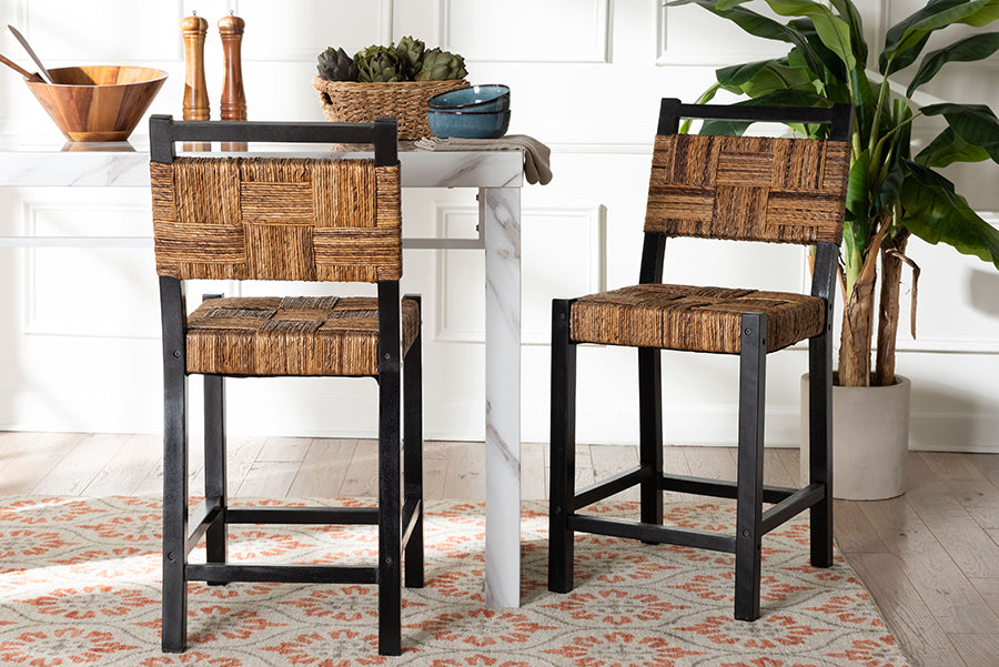 Raniya Seagrass Counter Stool Set of 2 - Solid Mango Wood Frame with Woven Seat and Backrest, Rustic Boho Style Dining or Kitchen Island Seating, Black