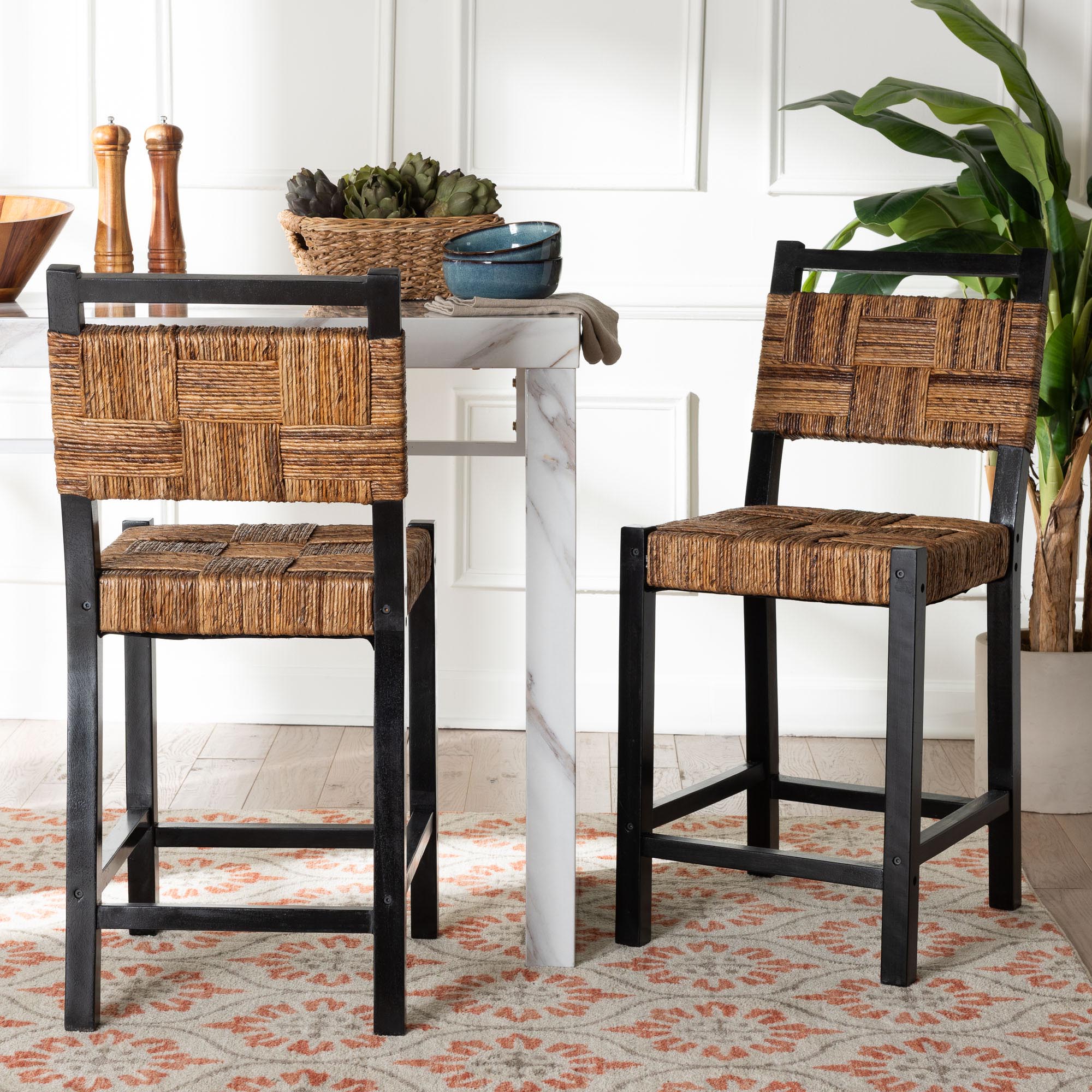 Raniya Seagrass Counter Stool Set of 2 - Solid Mango Wood Frame with Woven Seat and Backrest, Rustic Boho Style Dining or Kitchen Island Seating, Black