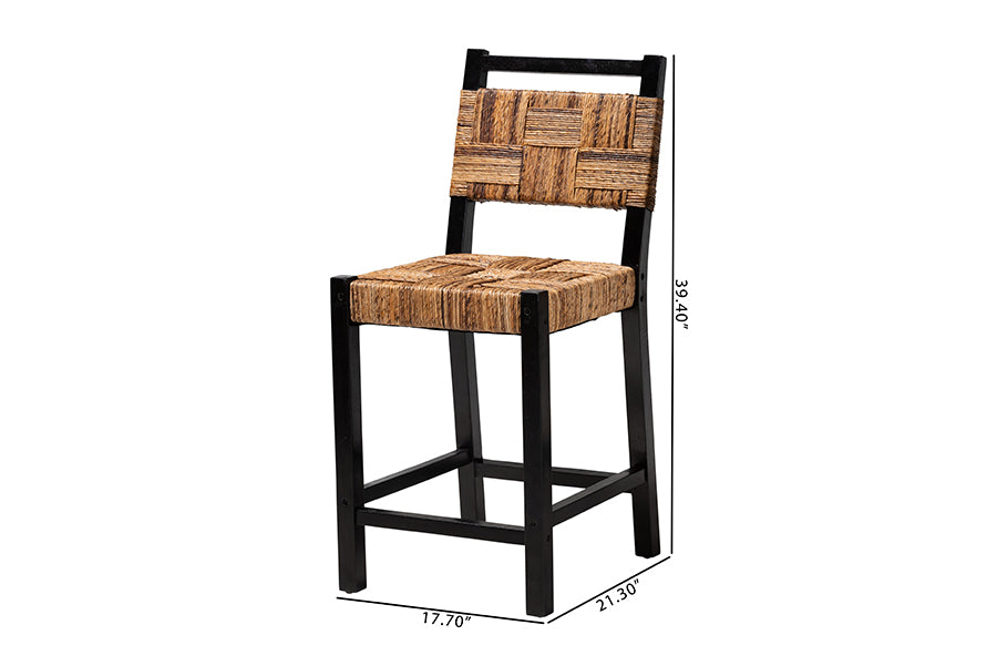 Raniya Seagrass Counter Stool Set of 2 - Solid Mango Wood Frame with Woven Seat and Backrest, Rustic Boho Style Dining or Kitchen Island Seating, Black