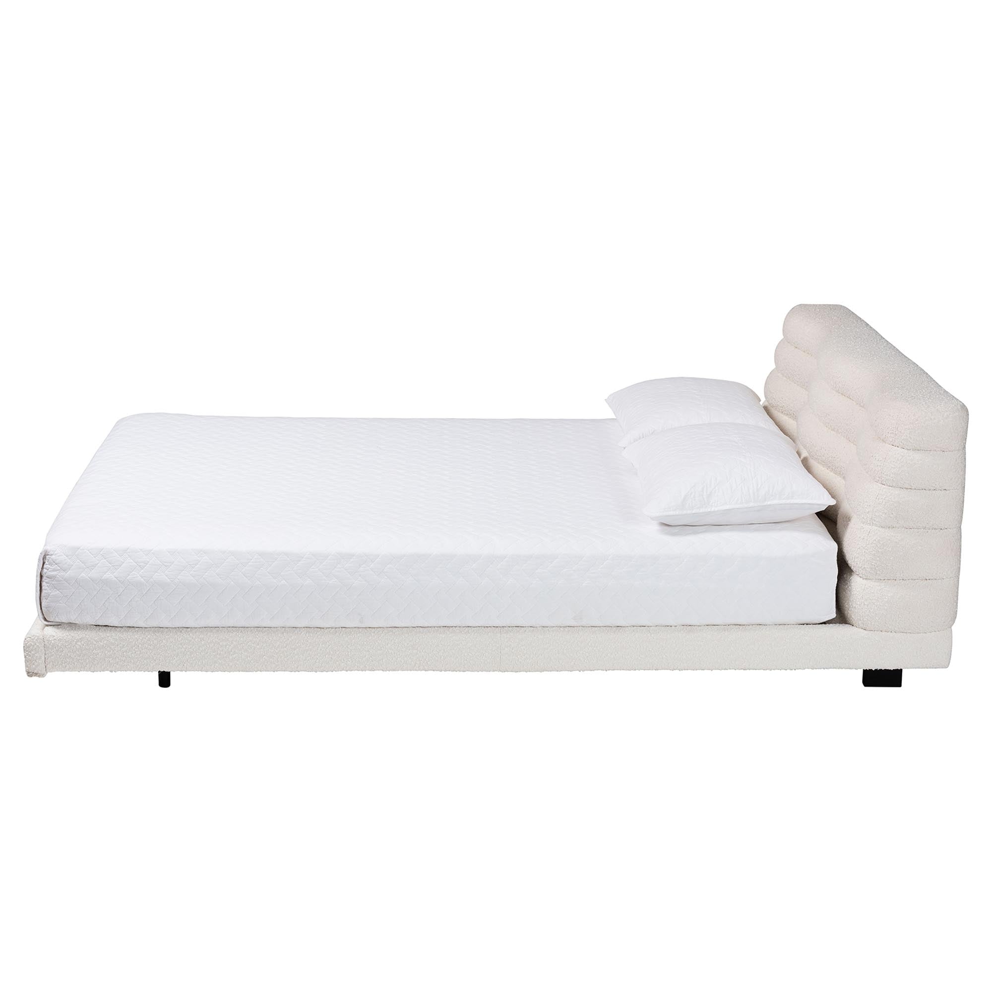 Alfie Boucle Floating Bed with Channel Tufted Headboard - Low Profile Minimalist Platform Bed Frame, Cream, Queen