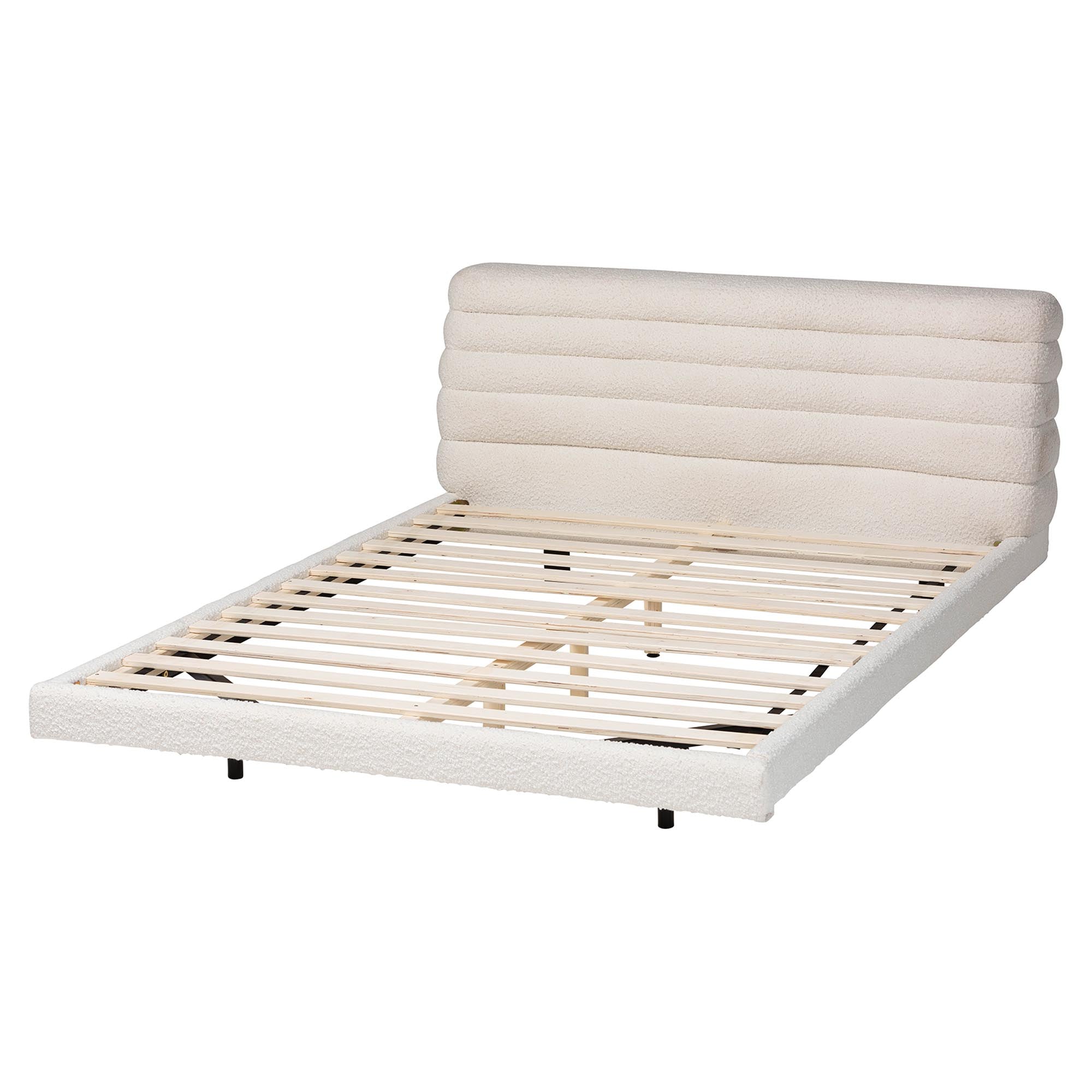 Alfie Boucle Floating Bed with Channel Tufted Headboard - Low Profile Minimalist Platform Bed Frame, Cream, King