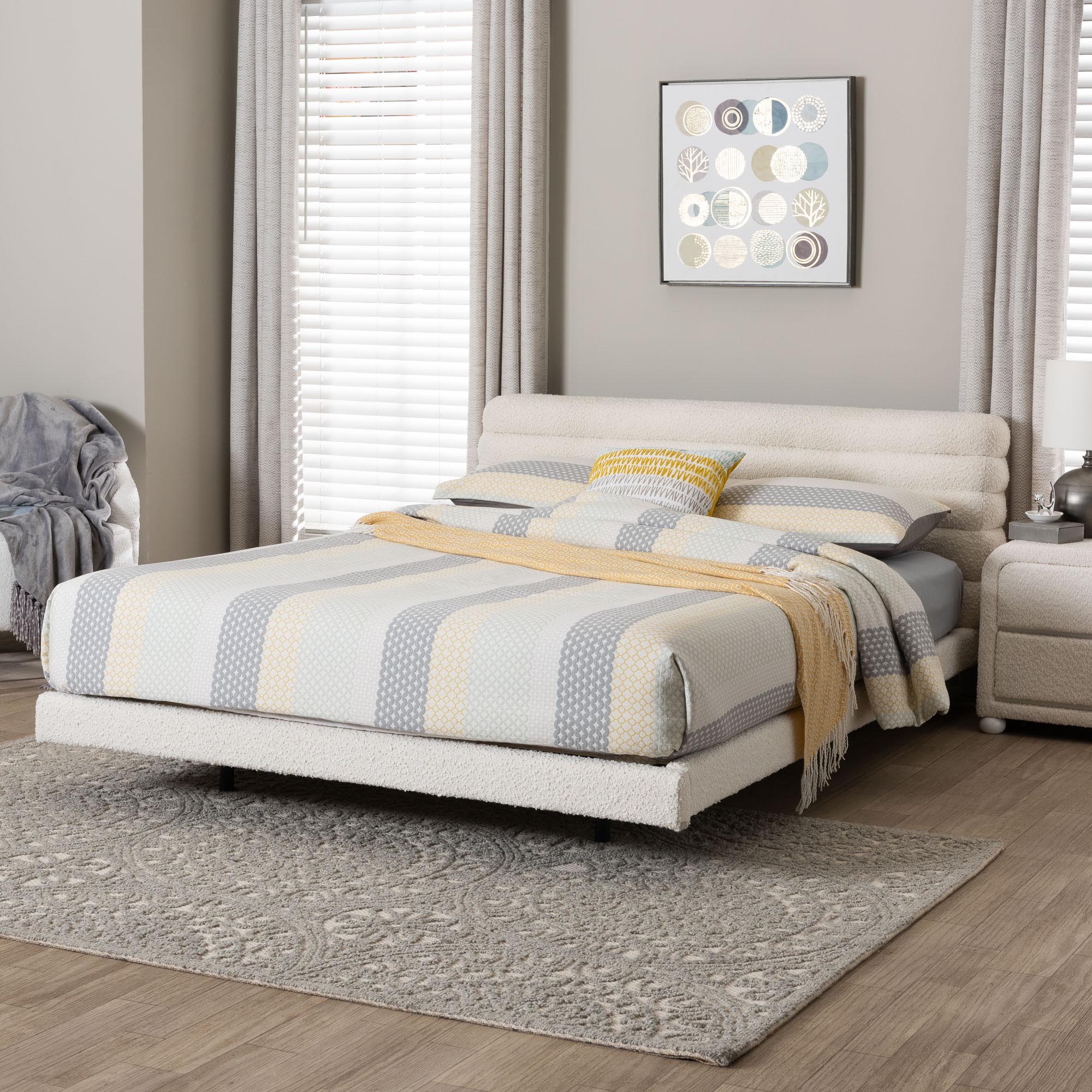 Alfie Boucle Floating Bed with Channel Tufted Headboard - Low Profile Minimalist Platform Bed Frame, Cream, Queen
