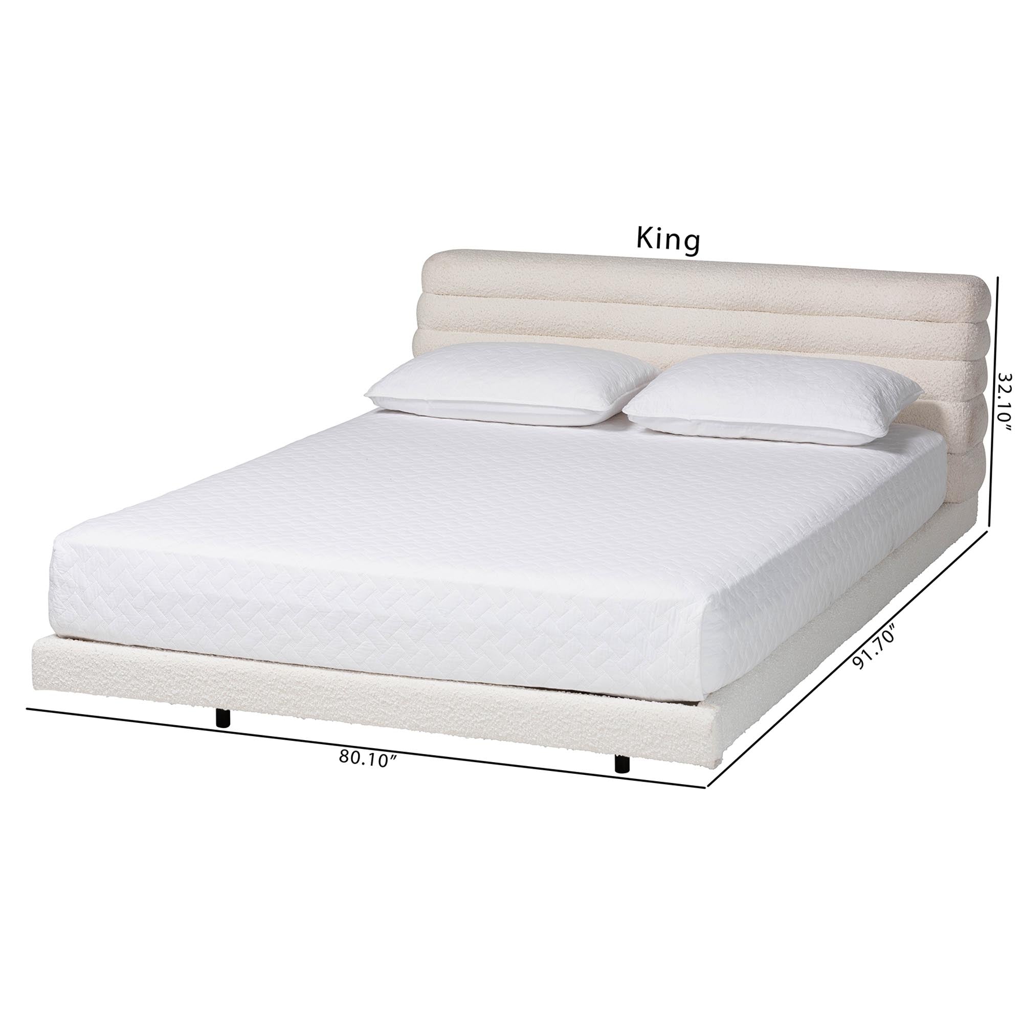Alfie Boucle Floating Bed with Channel Tufted Headboard - Low Profile Minimalist Platform Bed Frame, Cream, Queen