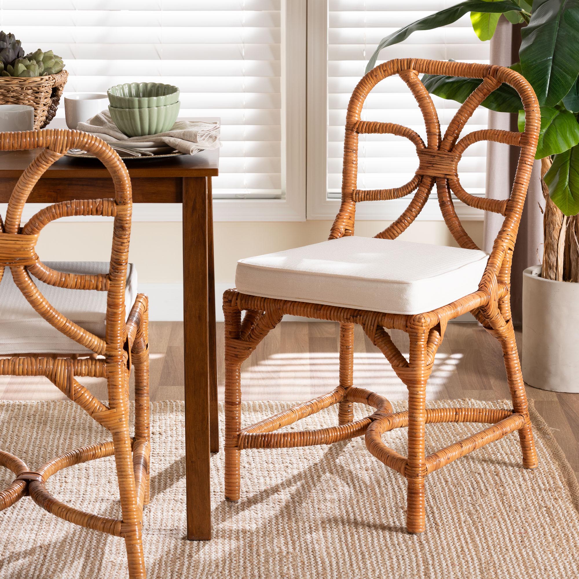 bali & pari Alondra Natural Rattan Dining Chair - Handwoven Wicker Side Chair with Removable Cushion, Coastal Boho Kitchen or Dining Room Seating