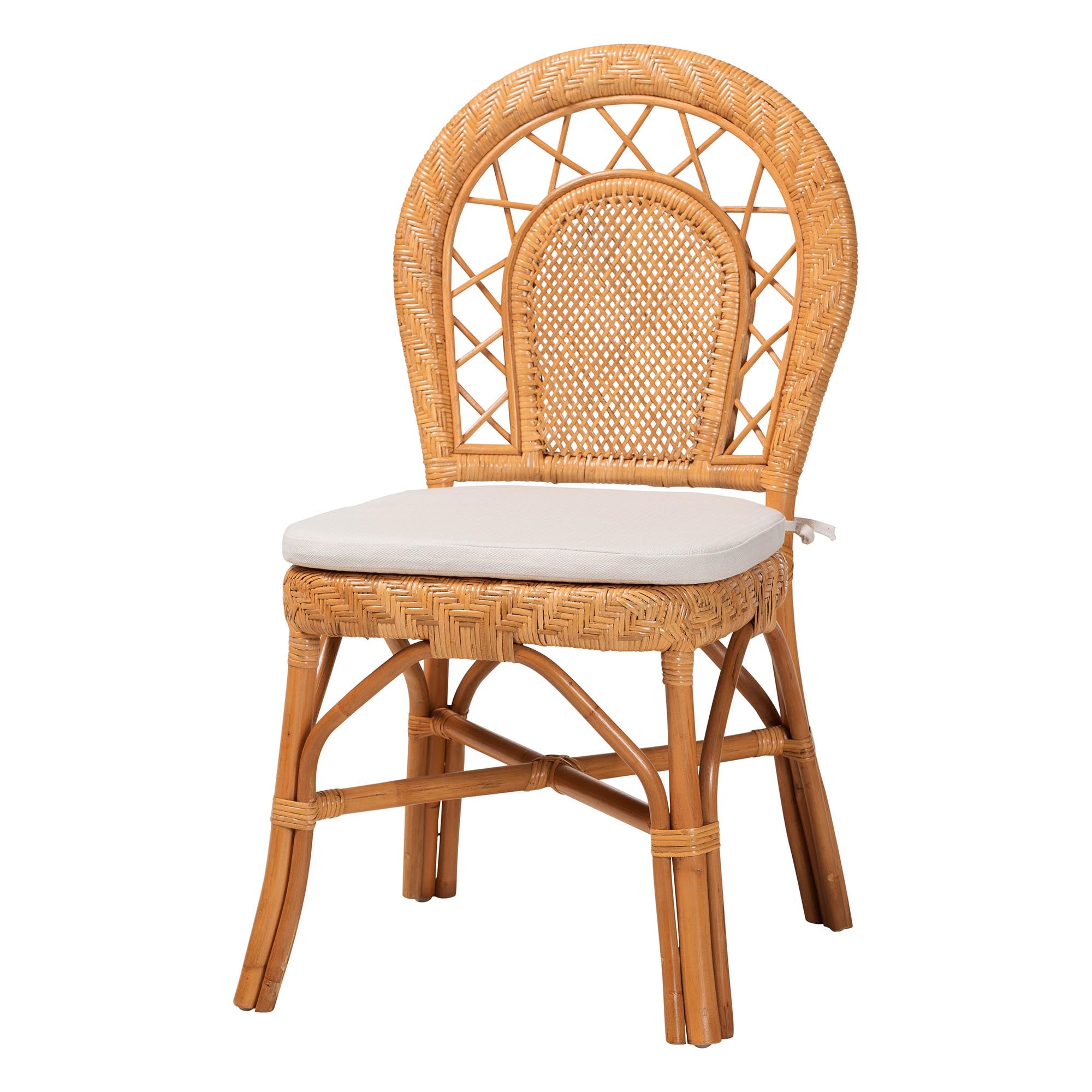 Adam Natural Rattan Dining Chair with Curved Backrest and Removable Cushion - Handwoven Wicker Accent Chair for Dining Room or Kitchen