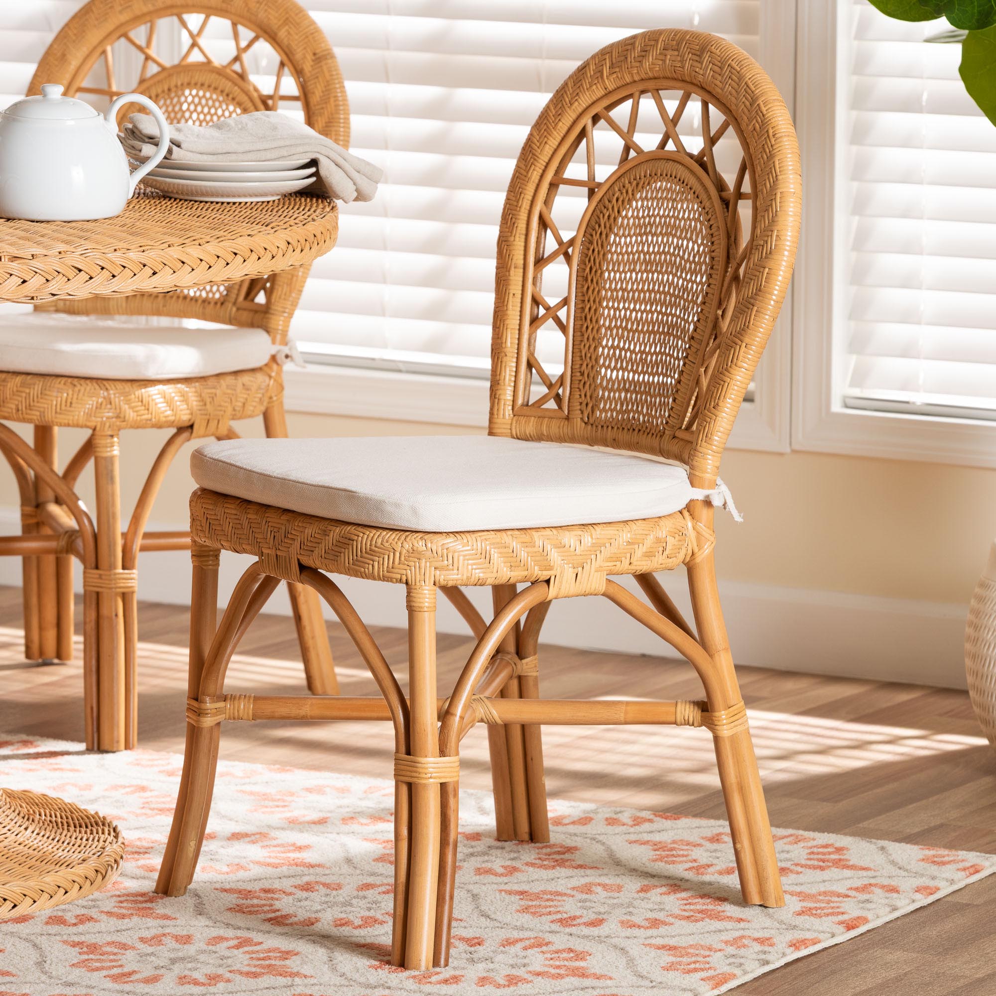 Adam Natural Rattan Dining Chair with Curved Backrest and Removable Cushion - Handwoven Wicker Accent Chair for Dining Room or Kitchen