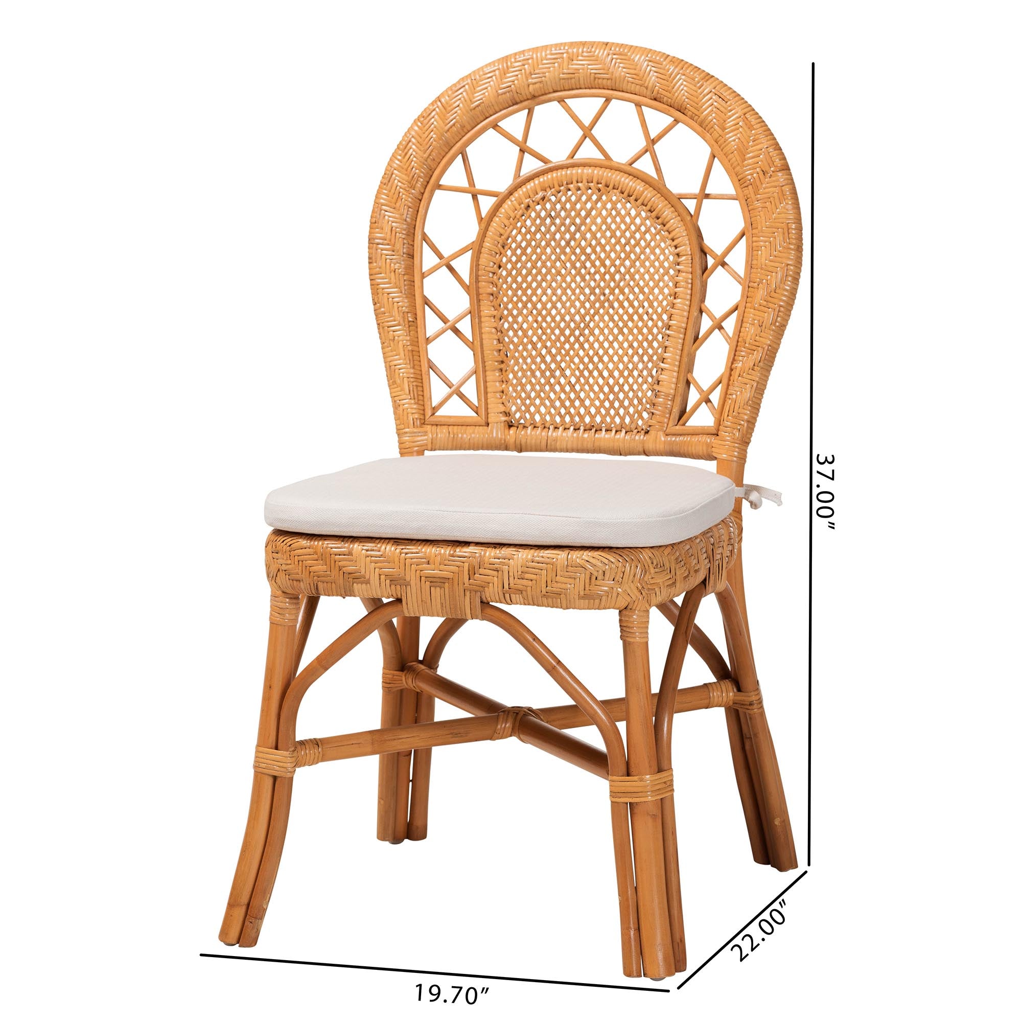 Adam Natural Rattan Dining Chair with Curved Backrest and Removable Cushion - Handwoven Wicker Accent Chair for Dining Room or Kitchen