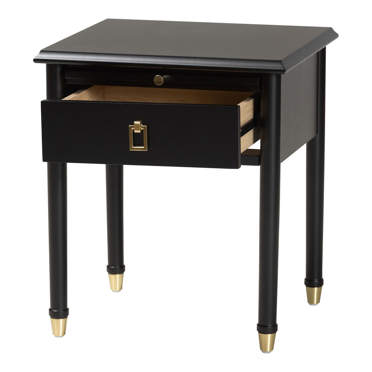 Tamra Black Wood Nightstand with Pullout Shelf - Modern Transitional Bedside Table with Metallic Accents
