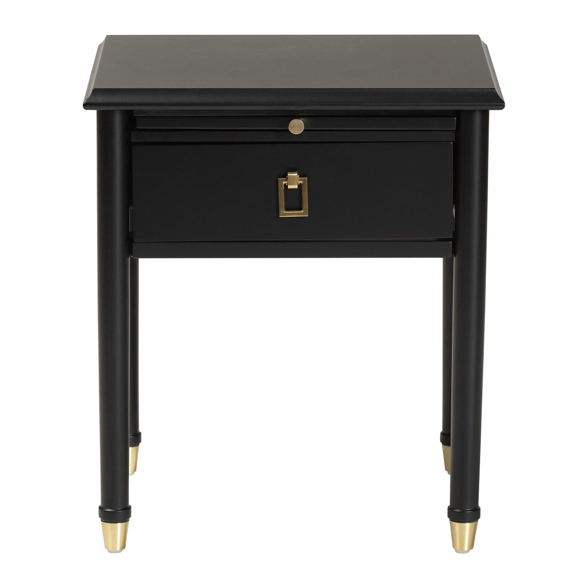 Tamra Black Wood Nightstand with Pullout Shelf - Modern Transitional Bedside Table with Metallic Accents