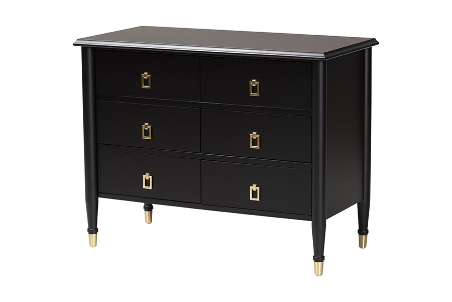 Tamra Black Wood Chest with Drawers - Bedroom Storage Unit with Metallic Accents, 6-Drawer Modern Transitional Bedroom Storage Solution