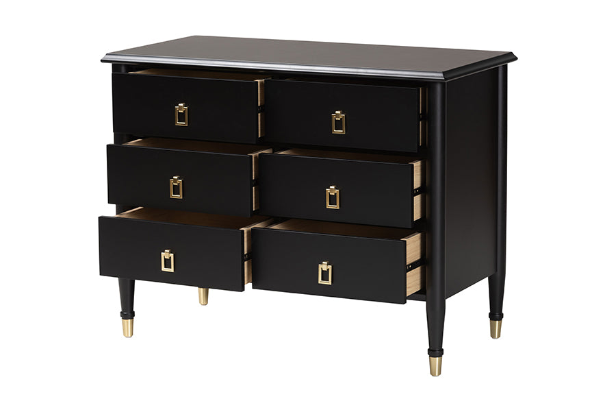 Tamra Black Wood Chest with Drawers - Bedroom Storage Unit with Metallic Accents, 6-Drawer Modern Transitional Bedroom Storage Solution