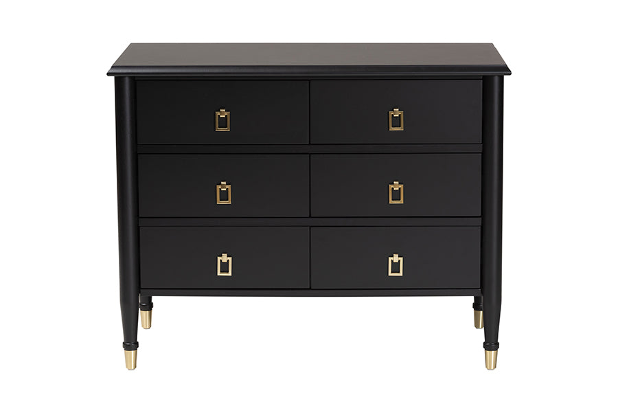 Tamra Black Wood Chest with Drawers - Bedroom Storage Unit with Metallic Accents, 6-Drawer Modern Transitional Bedroom Storage Solution