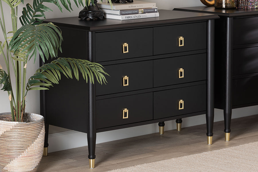 Tamra Black Wood Chest with Drawers - Bedroom Storage Unit with Metallic Accents, 6-Drawer Modern Transitional Bedroom Storage Solution