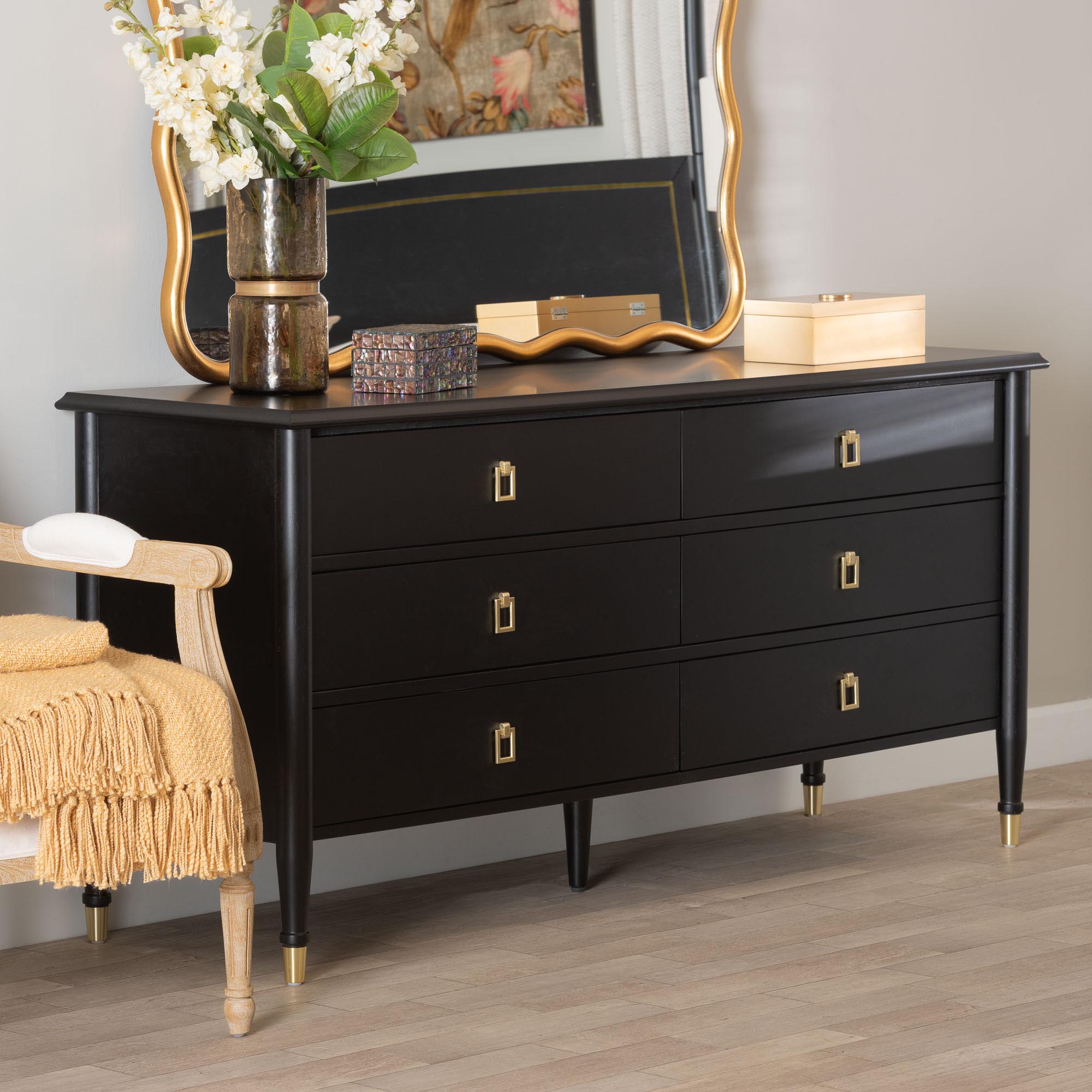 Tamra Black Wood Dresser with Drawers - Bedroom Storage Unit with Metallic Accents, 6-Drawer Modern Transitional Bedroom Storage Solution