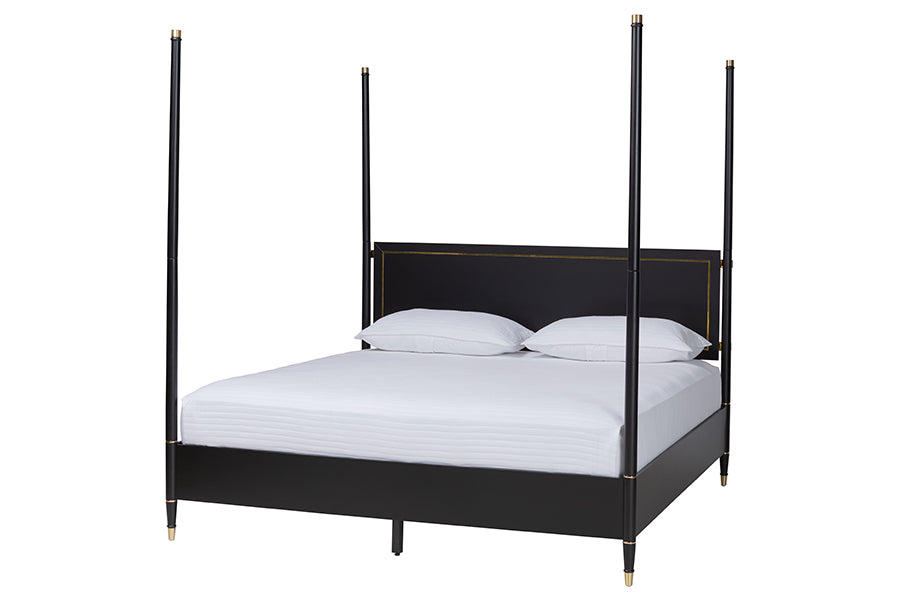 Tamra Four-Poster Platform Bed - Black Wood Bed Frame with Metallic Trim and Capped Legs, Modern Transitional Bedroom Furniture, King