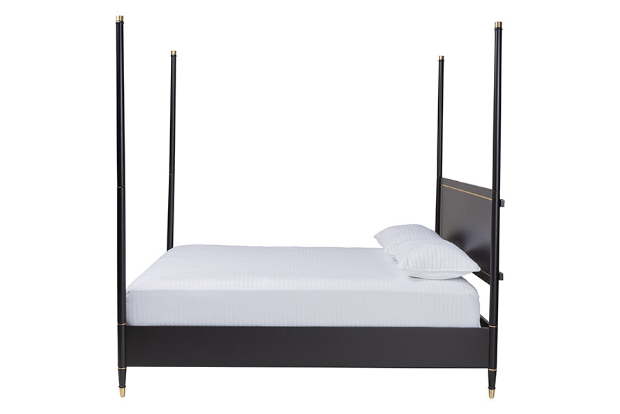 Tamra Four-Poster Platform Bed - Black Wood Bed Frame with Metallic Trim and Capped Legs, Modern Transitional Bedroom Furniture, King