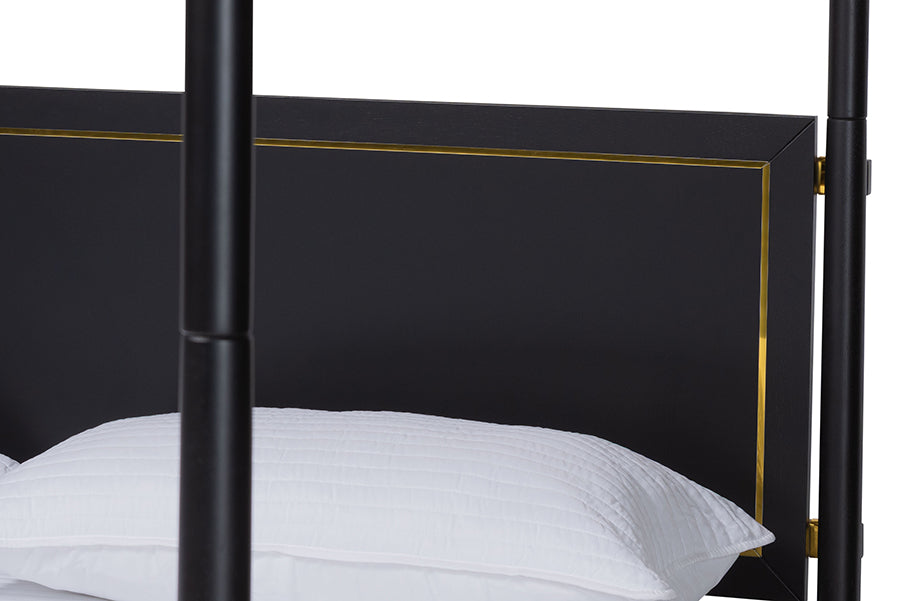 Tamra Four-Poster Platform Bed - Black Wood Bed Frame with Metallic Trim and Capped Legs, Modern Transitional Bedroom Furniture, King