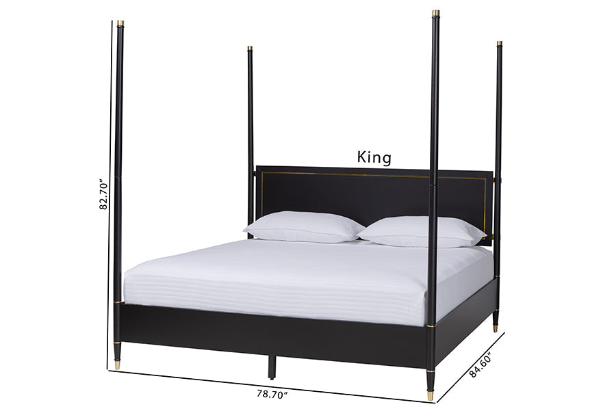 Tamra Four-Poster Platform Bed - Black Wood Bed Frame with Metallic Trim and Capped Legs, Modern Transitional Bedroom Furniture, King